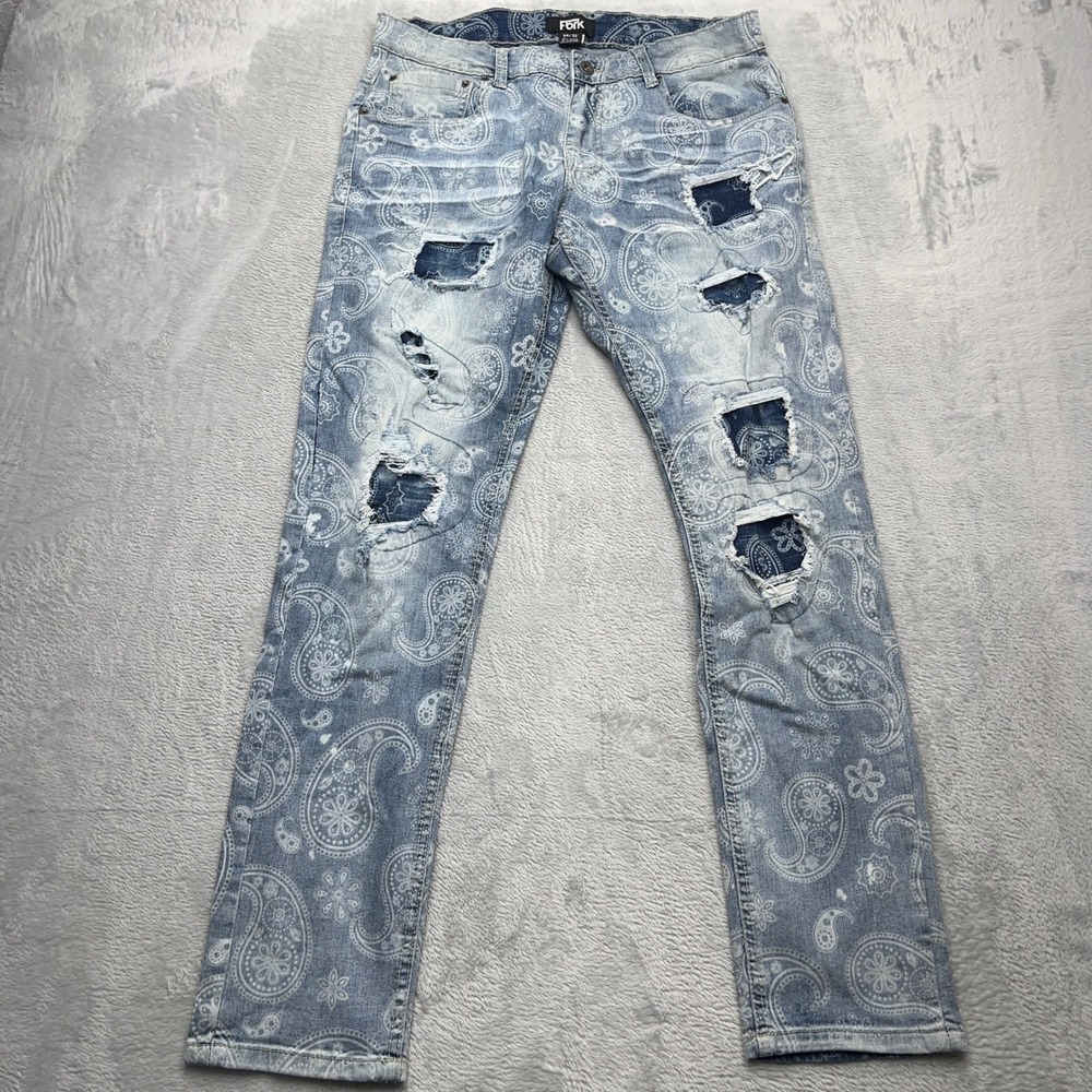 FBRK Mens Jeans 34x32 Light Wash Paisley Print Ripped Distressed Slim Fit